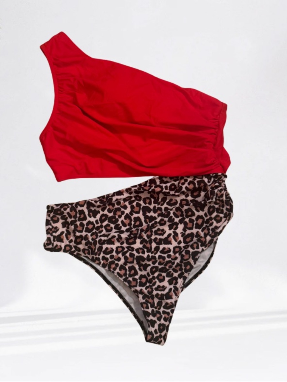 One Piece Swim One-Shoulder Bold Red Top & Leopard High-Waist Bottom - Swim